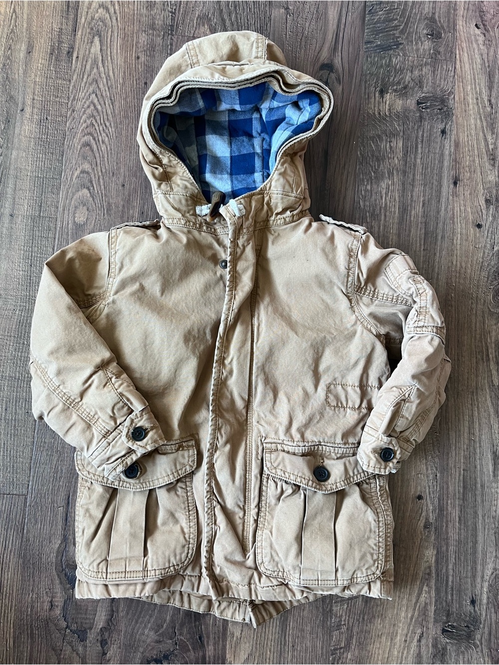 GAP Tan Kids Hooded Puffer Jacket with Blue Plaid Lining